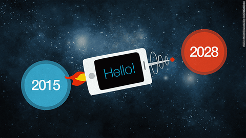 Illustration of a rocket-powered phone saying Hello flying through space between 2015 and 2028