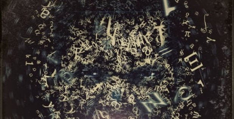 Dark face formed from a swirling cloud of letters and symbols from many alphabets