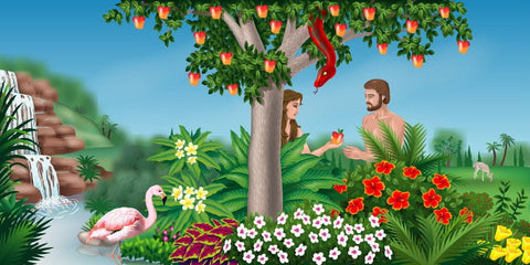 Illustration of Adam and Eve under an apple tree with a serpent in a lush garden