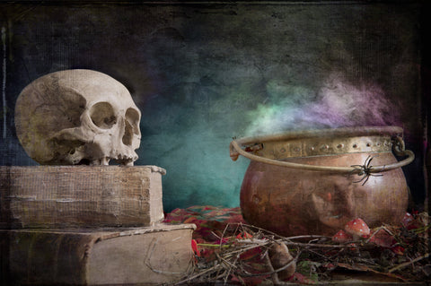 Human skull on old books beside a steaming copper cauldron with a spider and mushrooms