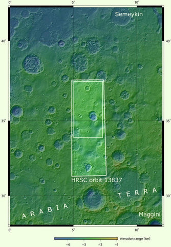 Topographic map of craters in Arabia Terra, Mars, with the HRSC orbit 13837 strip outlined