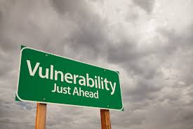 Green road sign reading "Vulnerability Just Ahead" against a stormy gray sky