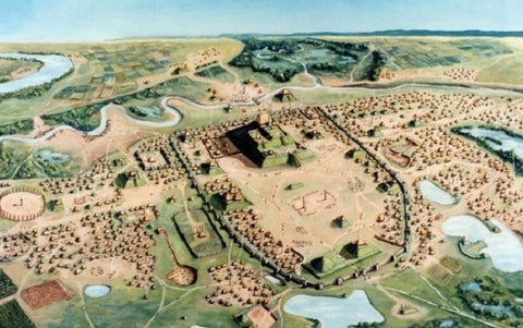 Aerial illustration of the ancient city of Cahokia with Monks Mound, plazas and a palisade by rivers