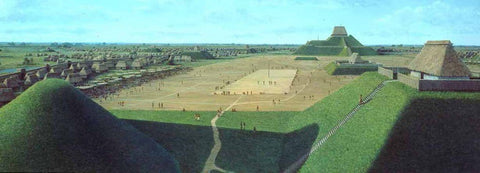 Illustration of Cahokia's grand plaza with earthen mounds, Monks Mound and thatched houses