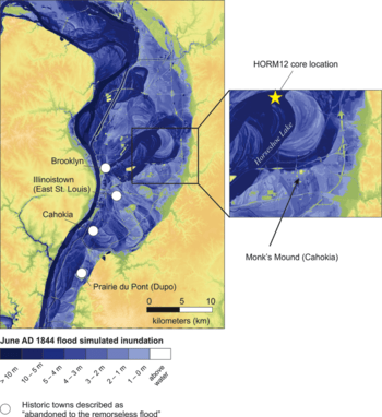 Map of simulated 1844 Mississippi River flood depths around Cahokia, Monks Mound and East St. Louis