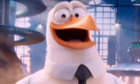 Animated GIF of a cartoon white stork in a necktie grinning with its beak wide open