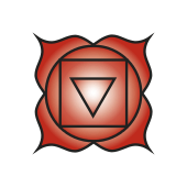 Red four-petaled lotus symbol with a square and downward triangle for the Muladhara root chakra