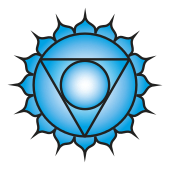 Blue 16-petaled lotus symbol with a triangle and circle for the Vishuddha throat chakra