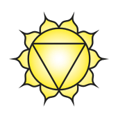 Yellow 10-petaled lotus symbol with a downward triangle for the Manipura solar plexus chakra