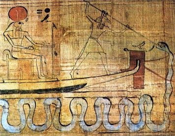 Egyptian papyrus painting of a seated falcon-headed god in a boat above a long wavy serpent