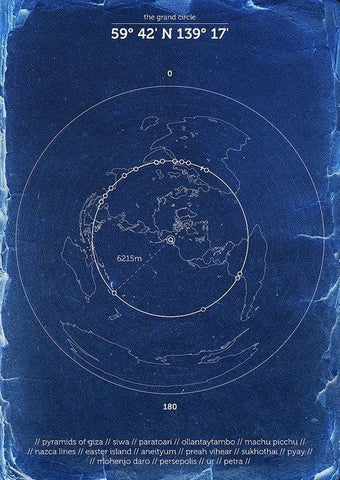Blueprint-style map of the grand circle through ancient sites like Giza, Nazca, Petra and Easter Island