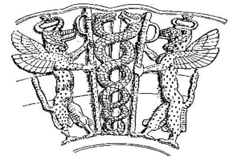 Ancient line drawing of two winged creatures flanking a staff entwined by two coiled serpents