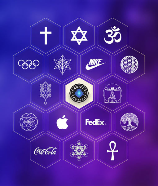 Hexagon grid of symbols: cross, Star of David, Om, Olympic rings, Nike, Apple, FedEx, Coca-Cola, ankh