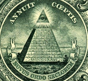 Eye of Providence atop an unfinished pyramid on the US dollar bill, with Annuit Coeptis and Novus Ordo Seclorum