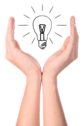 Two cupped hands framing a drawn glowing light bulb on a white background