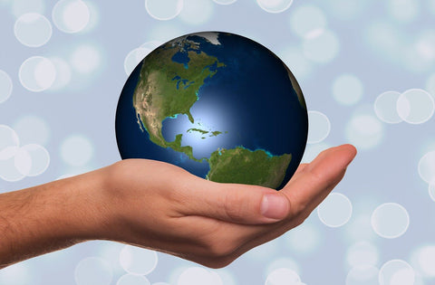 Open hand holding a small globe of Earth showing the Americas against a soft bokeh background