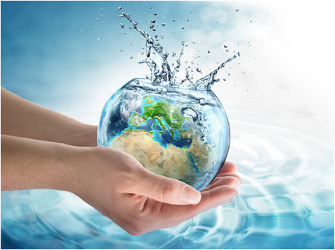 Cupped hands holding a splashing water-filled globe showing Europe and Africa