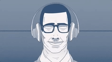 Animated drawing of a smiling man with glasses listening to music on headphones