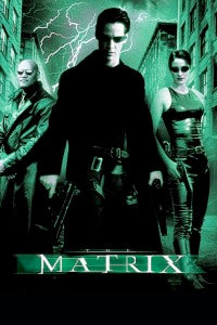 The Matrix movie poster: three figures in black leather and sunglasses under green lightning