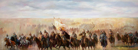 Painting of a Mongol cavalry army on horseback carrying banners across the steppe