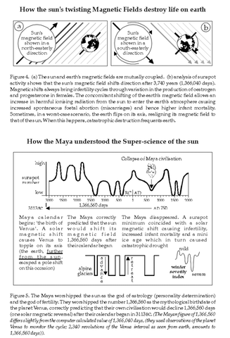 Diagrams of the sun's shifting magnetic field and a sunspot cycle chart tied to the Maya calendar