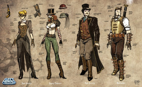 Labeled concept art of four steampunk outfits: High Society, Gypsy Tinkerer and Mechanist