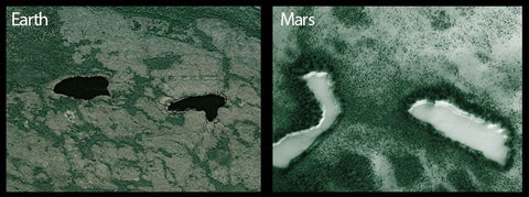 Side-by-side satellite images comparing dark lake-like patches on Earth with similar dark features on Mars