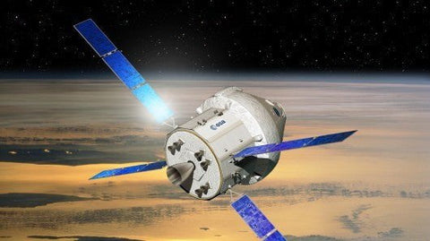 Rendering of a spacecraft with ESA logo and blue solar panels orbiting above a planet