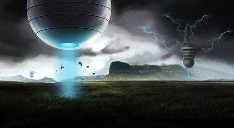 Illustration of giant spherical spacecraft beaming light onto a grassy plain in a storm