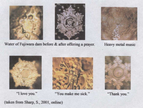 Water crystal photos labeled before and after prayer, heavy metal music, I love you, You make me sick, Thank you