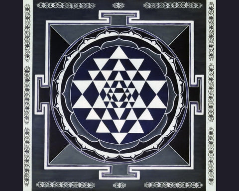 Black and white Sri Yantra mandala of interlocking triangles inside lotus rings and a square gated border