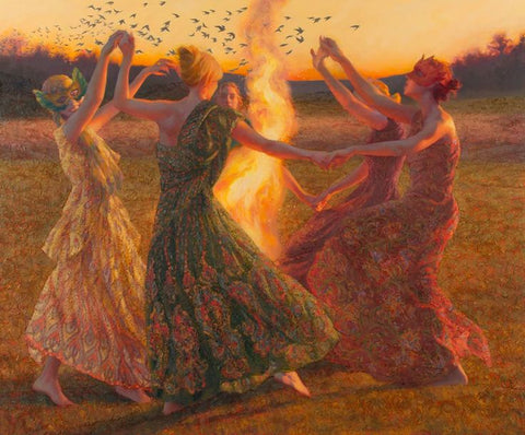 Painting of women in flowing dresses holding hands and dancing around a bonfire at sunset