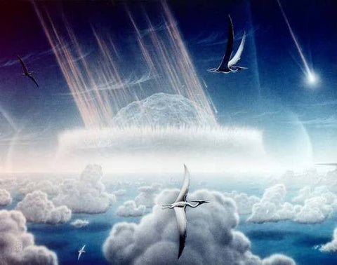 Artwork of a huge asteroid impact explosion on Earth seen above clouds, with pterosaurs flying