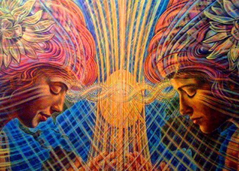 Visionary painting of two women facing each other with eyes closed, joined by a braided band of light