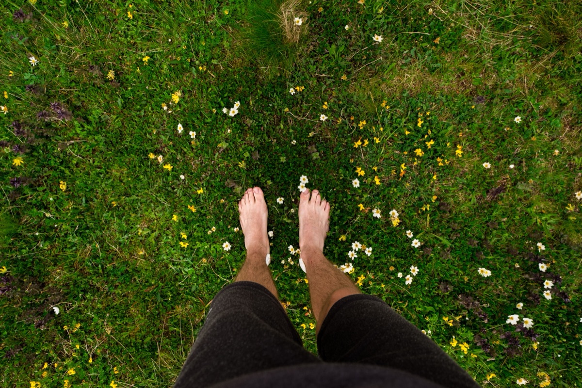 Looking straight down at bare feet standing in green grass scattered with small white and yellow wildflowers