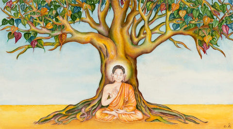 Painting of the Buddha meditating cross-legged beneath a large bodhi tree with heart-shaped leaves