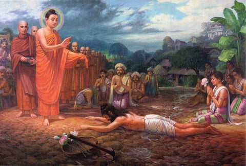 Painting of the haloed Buddha with robed monks as a man lies face down on a muddy road before him