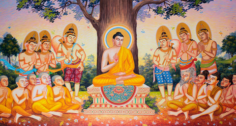 Painting of the Buddha seated on a throne under a tree, surrounded by kneeling monks and haloed figures