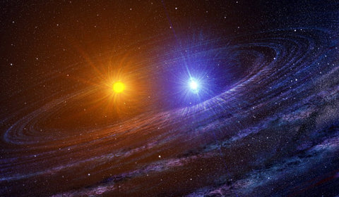 Artist's illustration of a yellow star and a blue star orbiting each other inside a swirling disc of dust