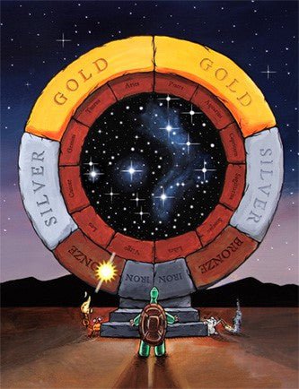 Painting of a celestial clock of Gold, Silver, Bronze and Iron ages ringed with zodiac signs over a starry sky