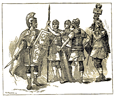 Engraving of a Roman commander with shield and spear addressing legionaries and a standard bearer