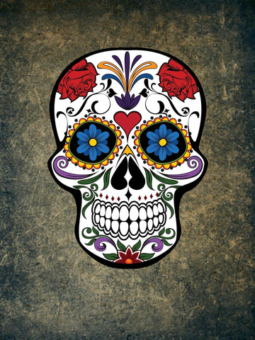 Mexican sugar skull illustration with red roses, blue flower eyes and a heart on the forehead