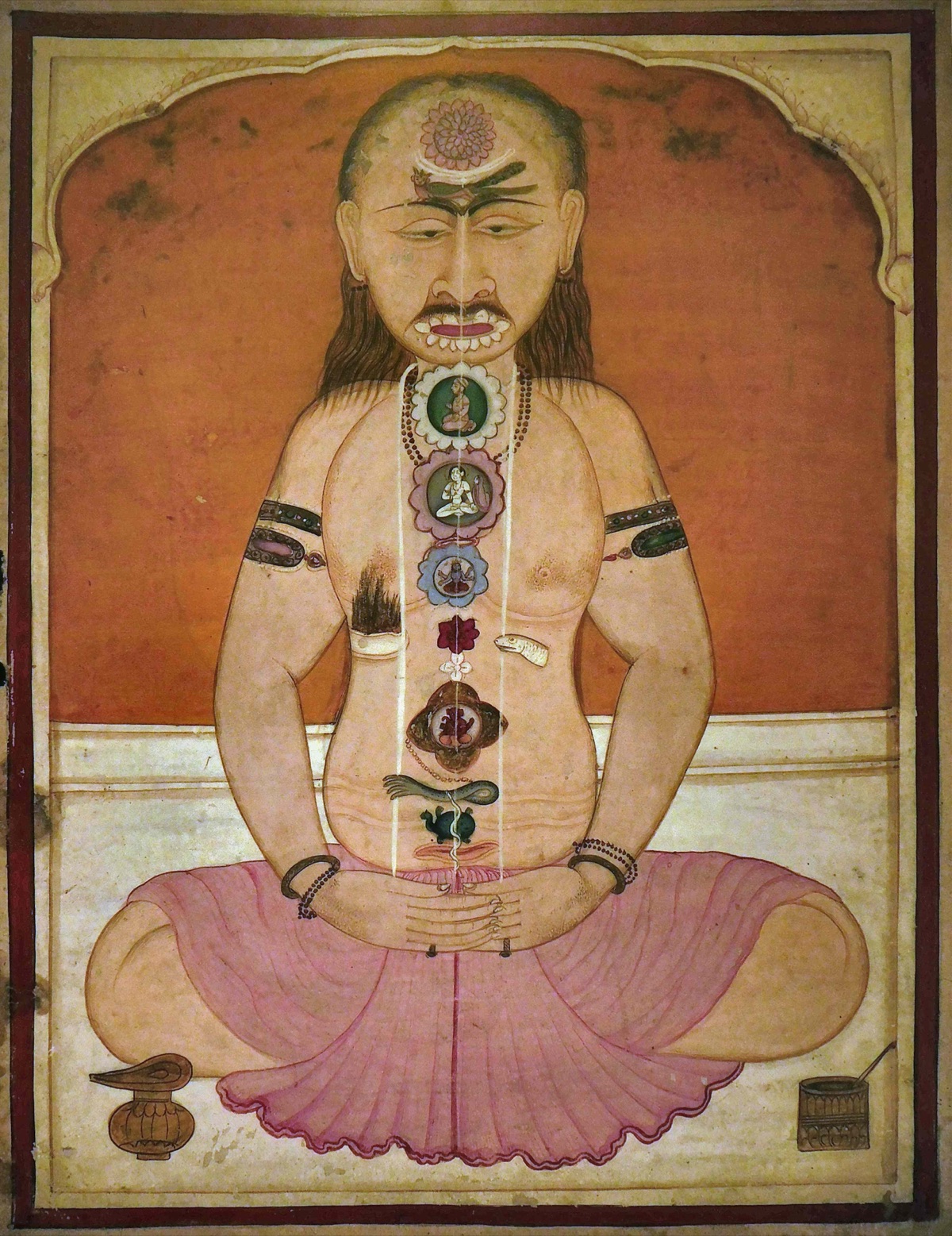 Manuscript painting of a seated yogin with lotus-shaped chakras stacked along a central line and a small serpent