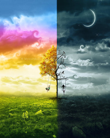 Tree split between a sunny day and a moonlit night, with a child on a swing on each side