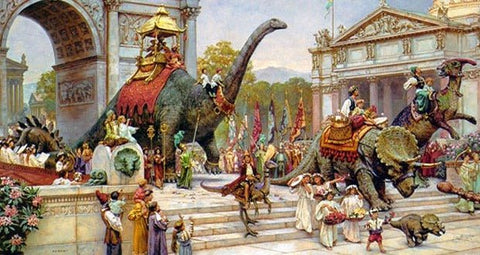 Painting of dinosaurs carrying riders and canopies in a parade through a classical Roman city