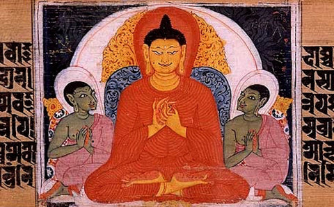 Ancient Indian manuscript painting of the Buddha teaching, flanked by two monks, with Sanskrit text