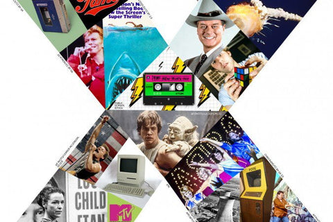 Collage in an X shape of 1980s pop culture: Walkman, cassette, Rubik's Cube, MTV logo, arcade game